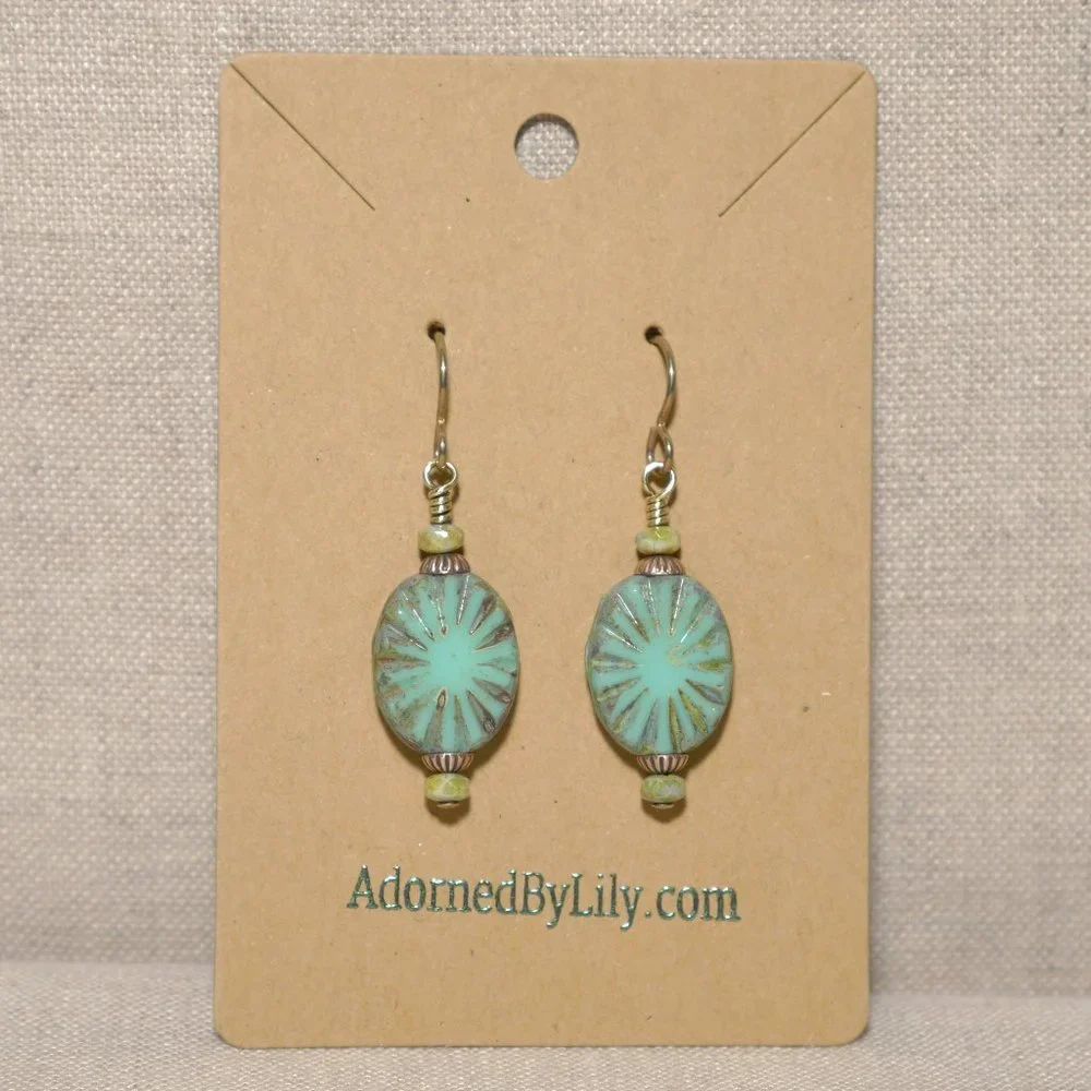 Hand Crafted Handmade Earrings Turquoise Oval Czech Glass Beaded Earrings - Picture 2 of 4